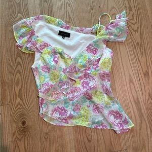 Majorelle Floral Asymmetrical Ruffle Sleeve Top